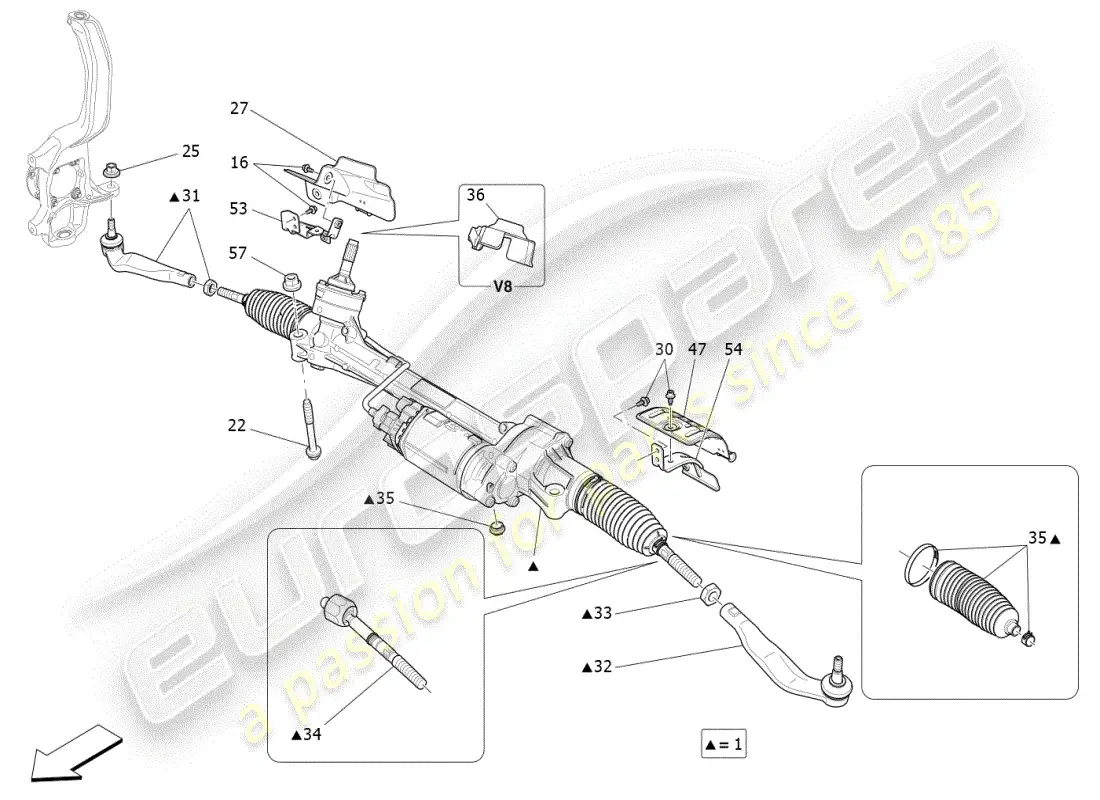 maserati ghibli (2019) diagrama de pieza de la unidad de cremallera de dirección completa