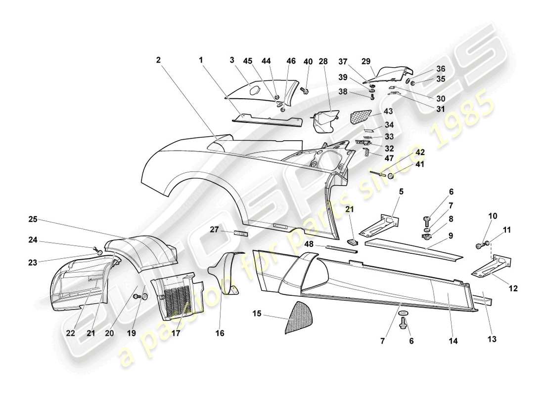 lamborghini murcielago roadster (2005) diagrama de pieza del miembro lateral derecho
