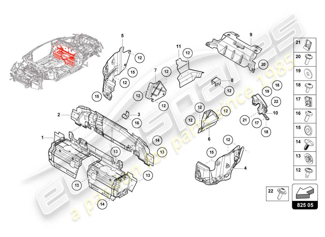 lamborghini evo spyder 2wd (2020) escudo térmico diagrama de piezas