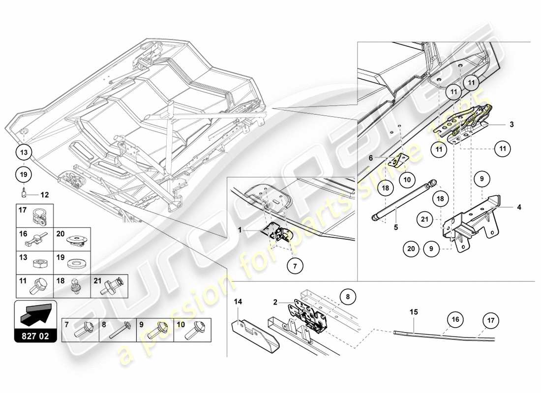 lamborghini 2012 (lp700-4 coupe)) cubierta del motor con insp. diagrama de piezas de la cubierta