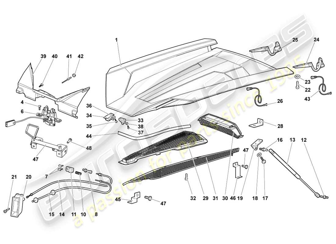 lamborghini murcielago roadster (2005) solapa para cubierta de motor diagrama de piezas