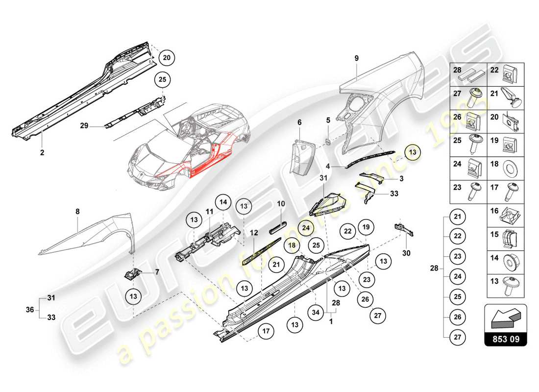 lamborghini evo spyder (2020) lateral externo inferior para alojamiento de rueda diagrama de piezas