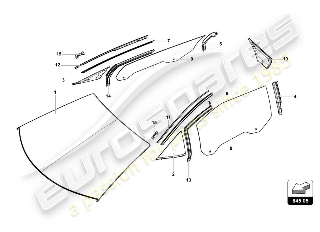 lamborghini centenario roadster (2017) diagrama de piezas de vidrios para ventanas