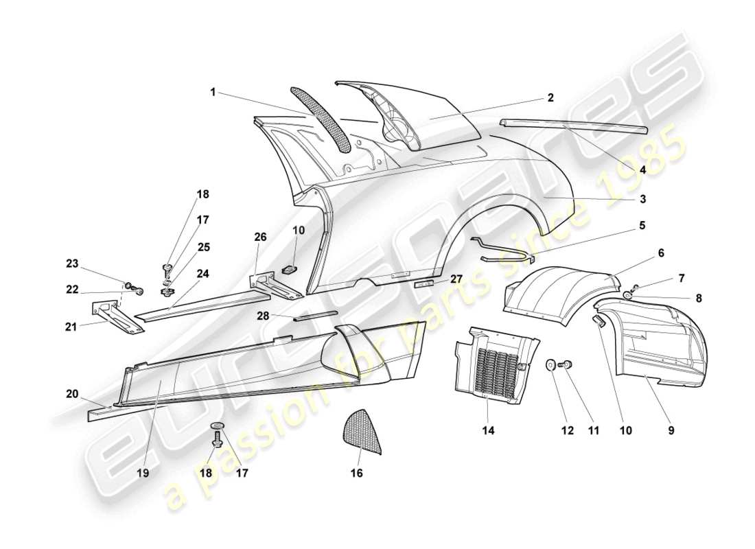 lamborghini murcielago coupe (2002) diagrama de piezas del miembro lateral izquierdo