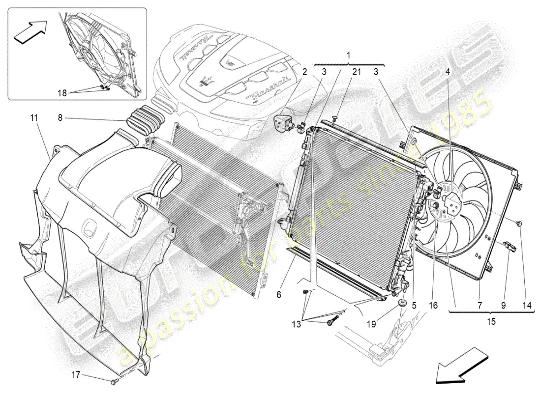 maserati ghibli (2019) enfriamiento: diagrama de piezas de conductos y radiadores de aire