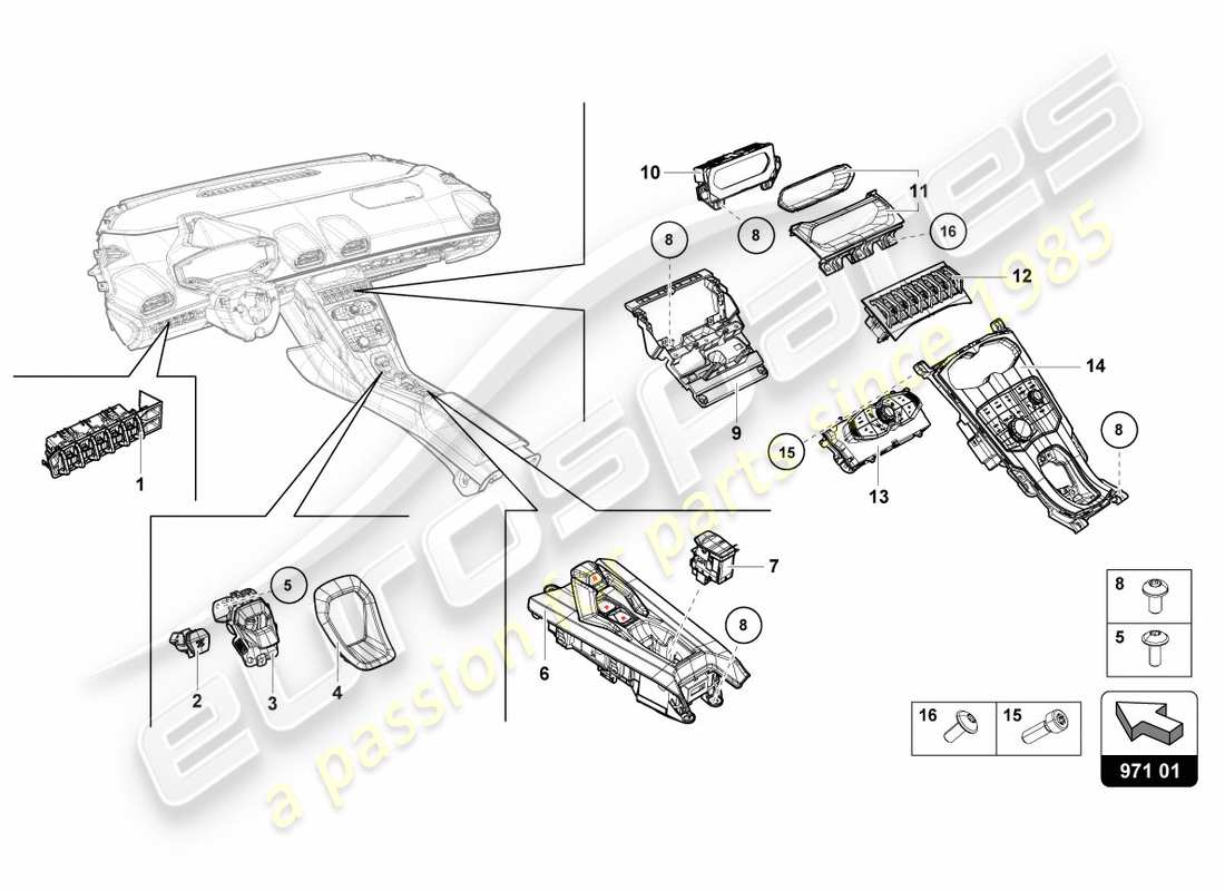 lamborghini lp600-4 zhong coupe (2016) diagrama de piezas de interruptor múltiple