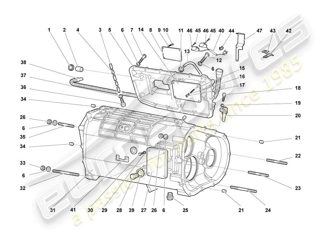 lamborghini murcielago coupe (2002) carcasa de caja de cambios y accesorios diagrama de piezas