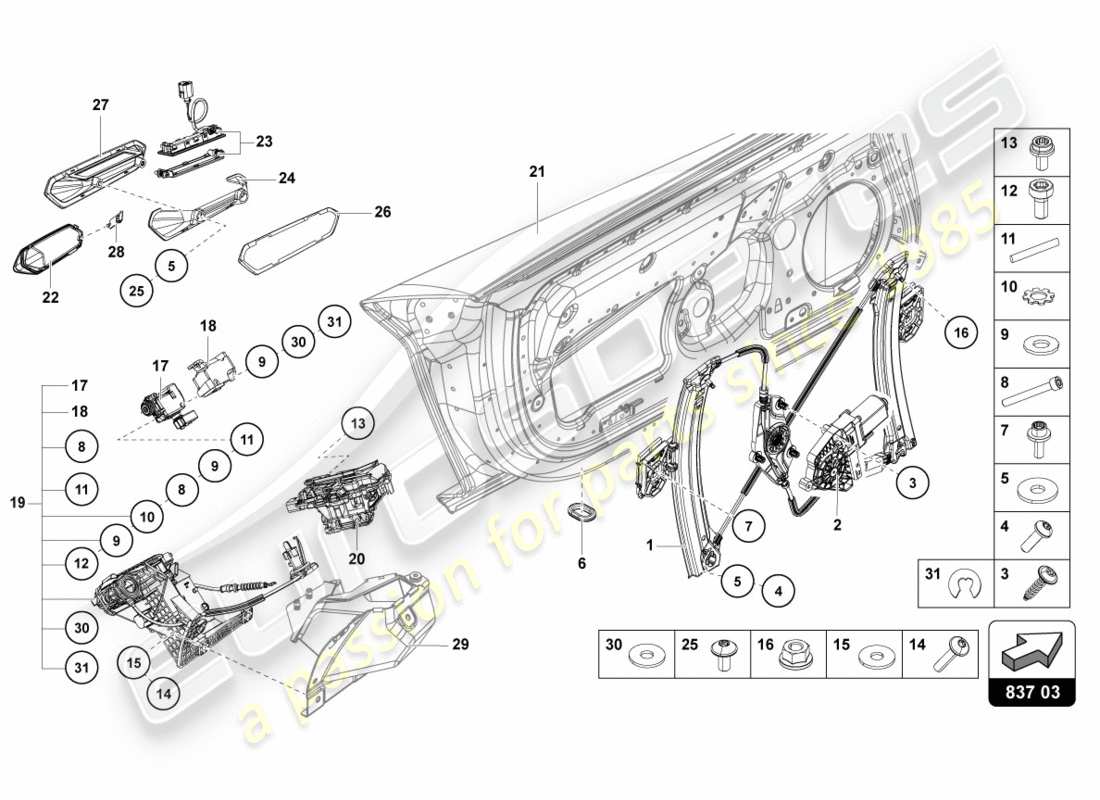 lamborghini lp700-4 coupe (2012) diagrama de piezas de la puerta del conductor y del pasajero