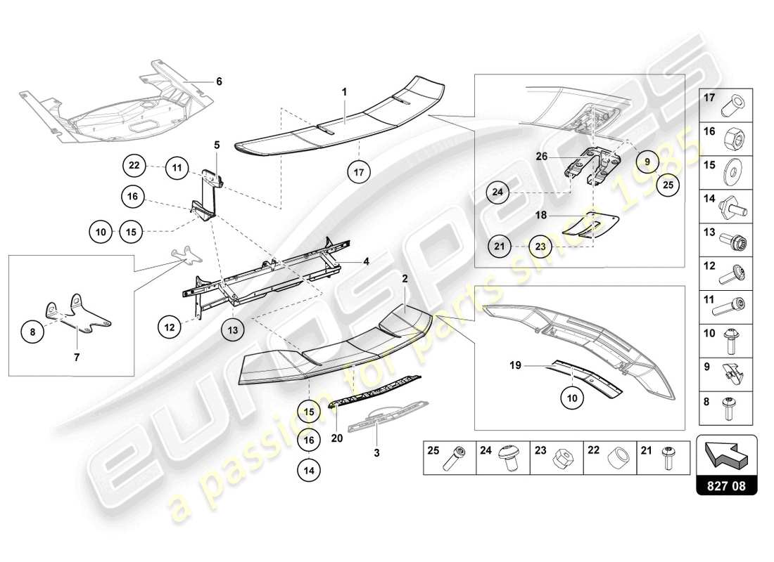 lamborghini 2016 (lp750-4 sv roadster) diagrama de piezas del spoiler trasero
