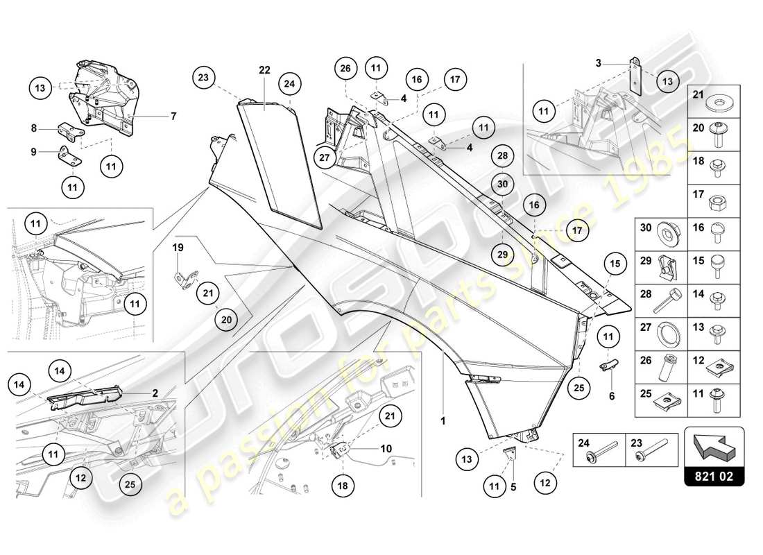 lamborghini lp740-4 s coupe (2021) diagrama de piezas del protector de ala
