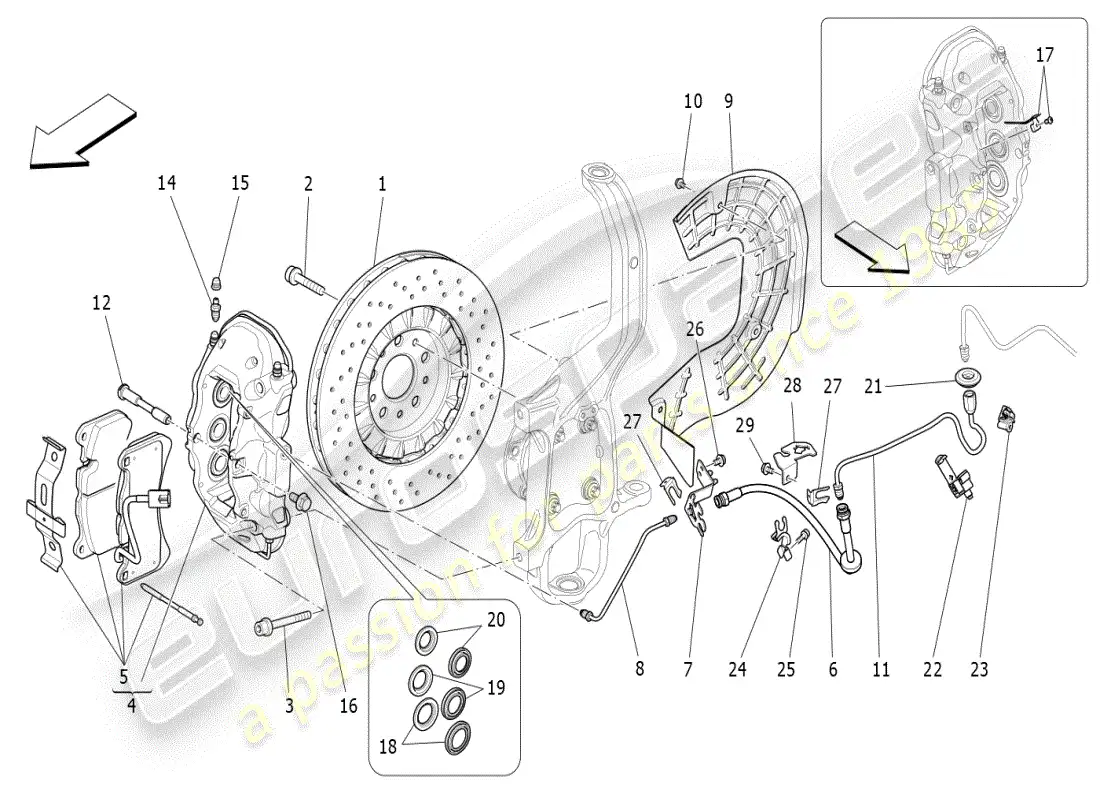 maserati ghibli (2019) dispositivos de frenado en las ruedas delanteras diagrama de piezas