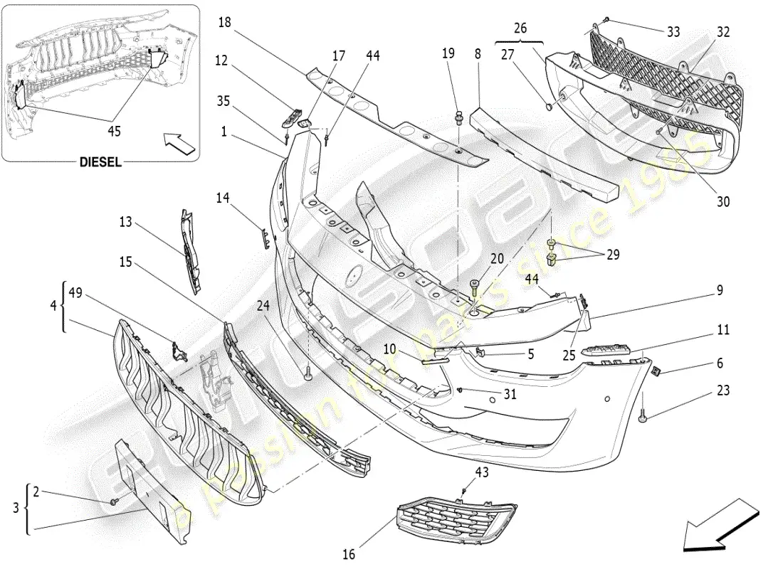 maserati ghibli (2019) diagrama de piezas del parachoques delantero