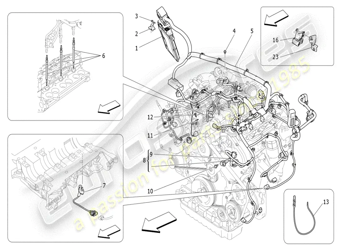 maserati ghibli (2019) control electrónico: diagrama de piezas de control de sincronización del motor y inyección