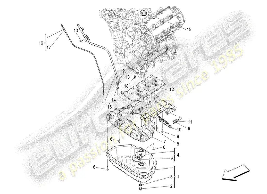 maserati ghibli (2019) sistema de lubricación: diagrama de piezas del circuito y de la colección