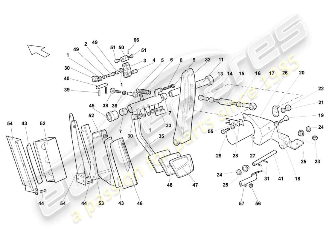 lamborghini murcielago roadster (2005) freno y aceleración. palanca mecanica. diagrama de piezas