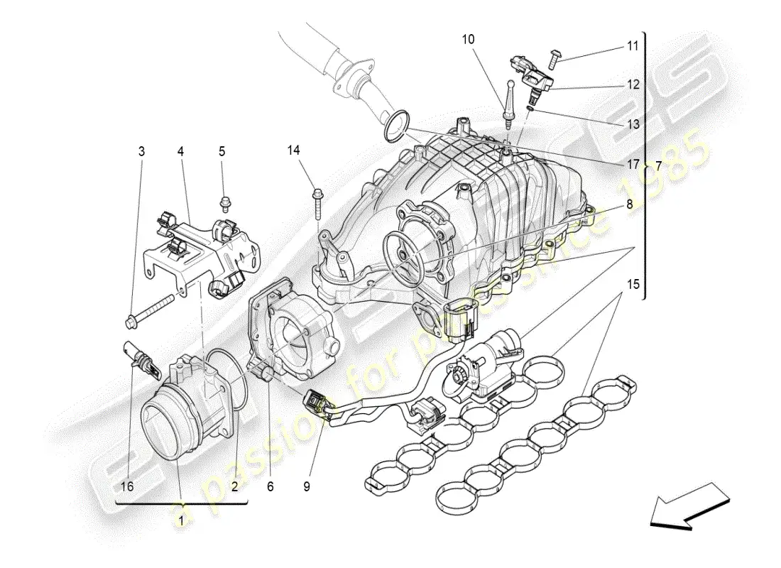 maserati ghibli (2019) diagrama de partes del colector de admisión y del cuerpo del acelerador