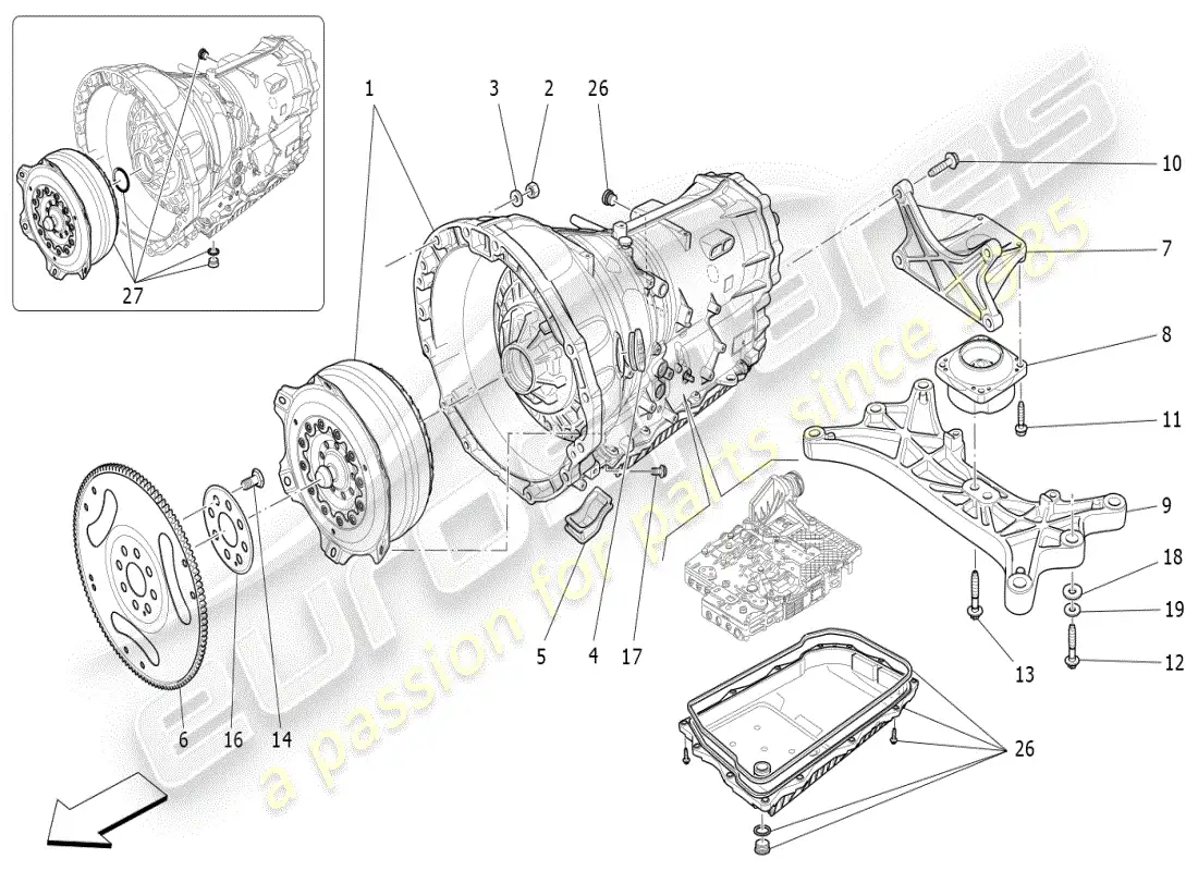 maserati ghibli (2019) diagrama de piezas de las carcasas de la caja de cambios