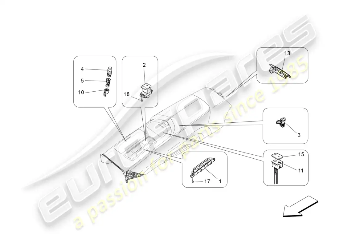 maserati ghibli (2016) dispositivos de consola central diagrama de piezas