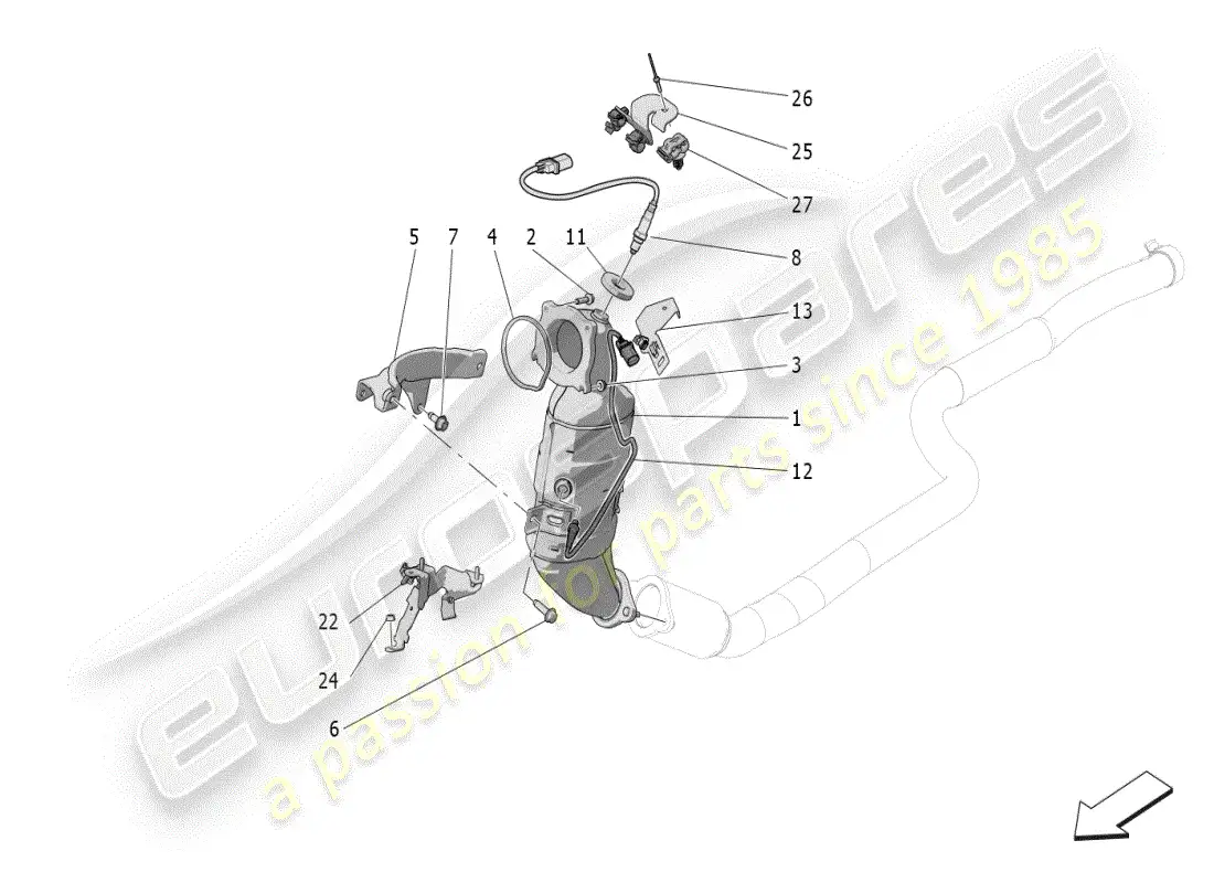 maserati grecale modena (2023) convertidores precatalíticos y convertidores catalíticos. diagrama de piezas