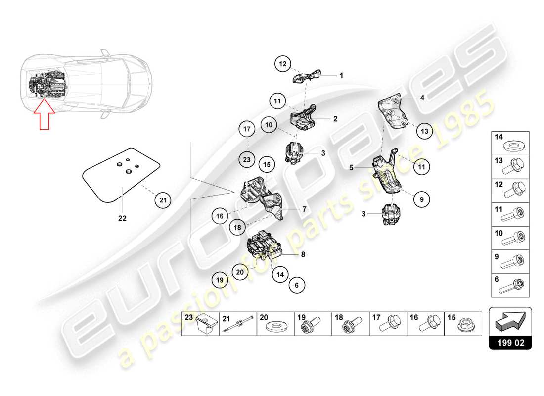 lamborghini lp610-4 coupe (2019) fijación de piezas para el motor diagrama de piezas