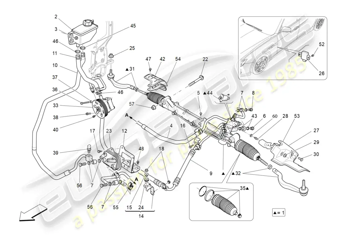 maserati ghibli (2016) unidad completa de cremallera de dirección diagrama de piezas