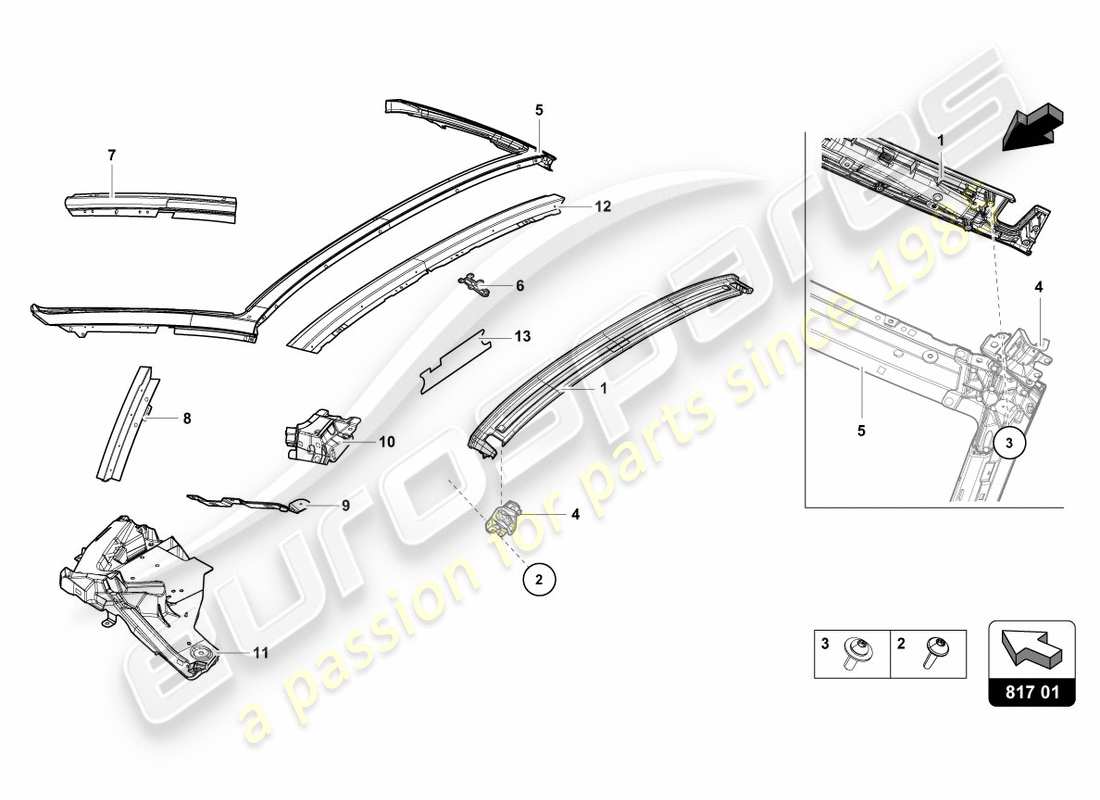 lamborghini 2017 (lp580-2 spyder) diagrama de piezas de la ventana con bisagras
