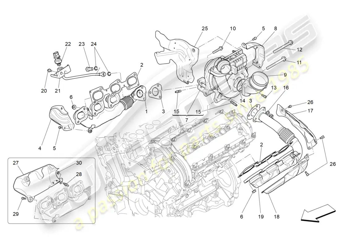 maserati levante (2019) sistema de turboalimentación: equipos diagrama de piezas