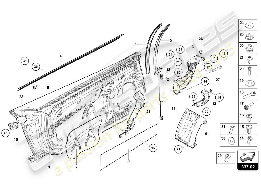 lamborghini 2014 (lp720-4 coupe 50) diagrama de piezas de la puerta del conductor y del pasajero
