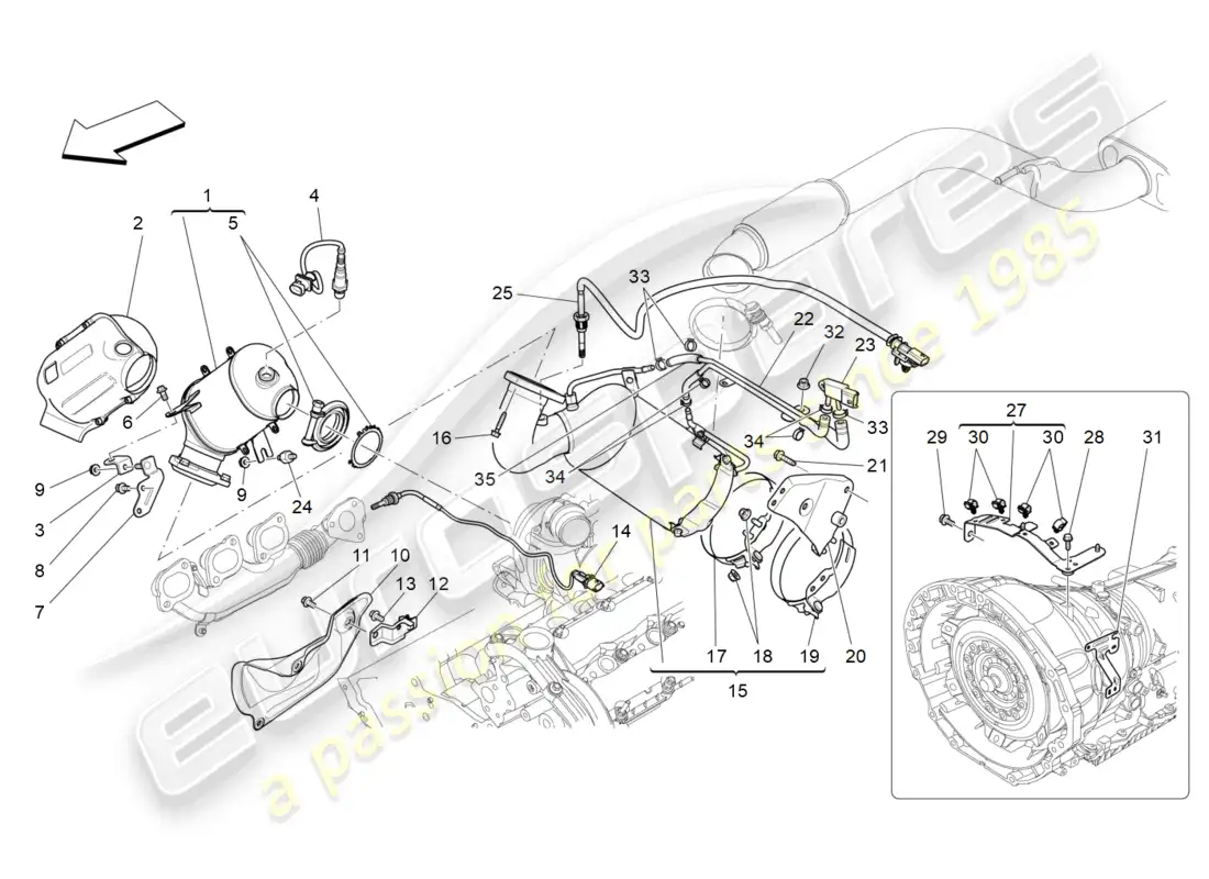 maserati ghibli (2018) convertidores precatalíticos y convertidores catalíticos. diagrama de piezas