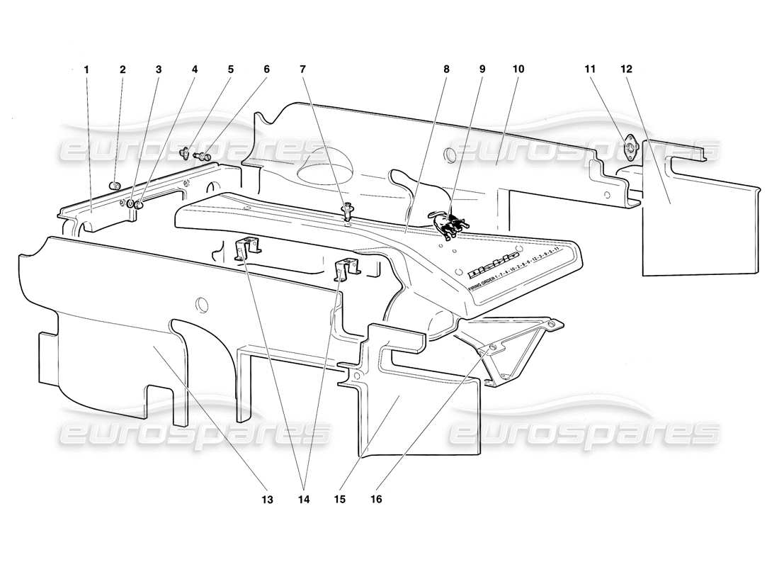 lamborghini diablo sv (1997) diagrama de piezas de los paneles de la carcasa del motor