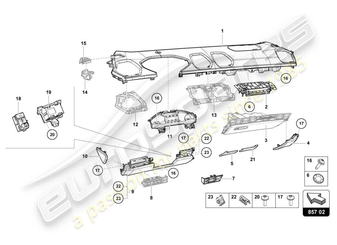lamborghini 2020 (evo coupe) diagrama de piezas del adorno del panel de instrumentos