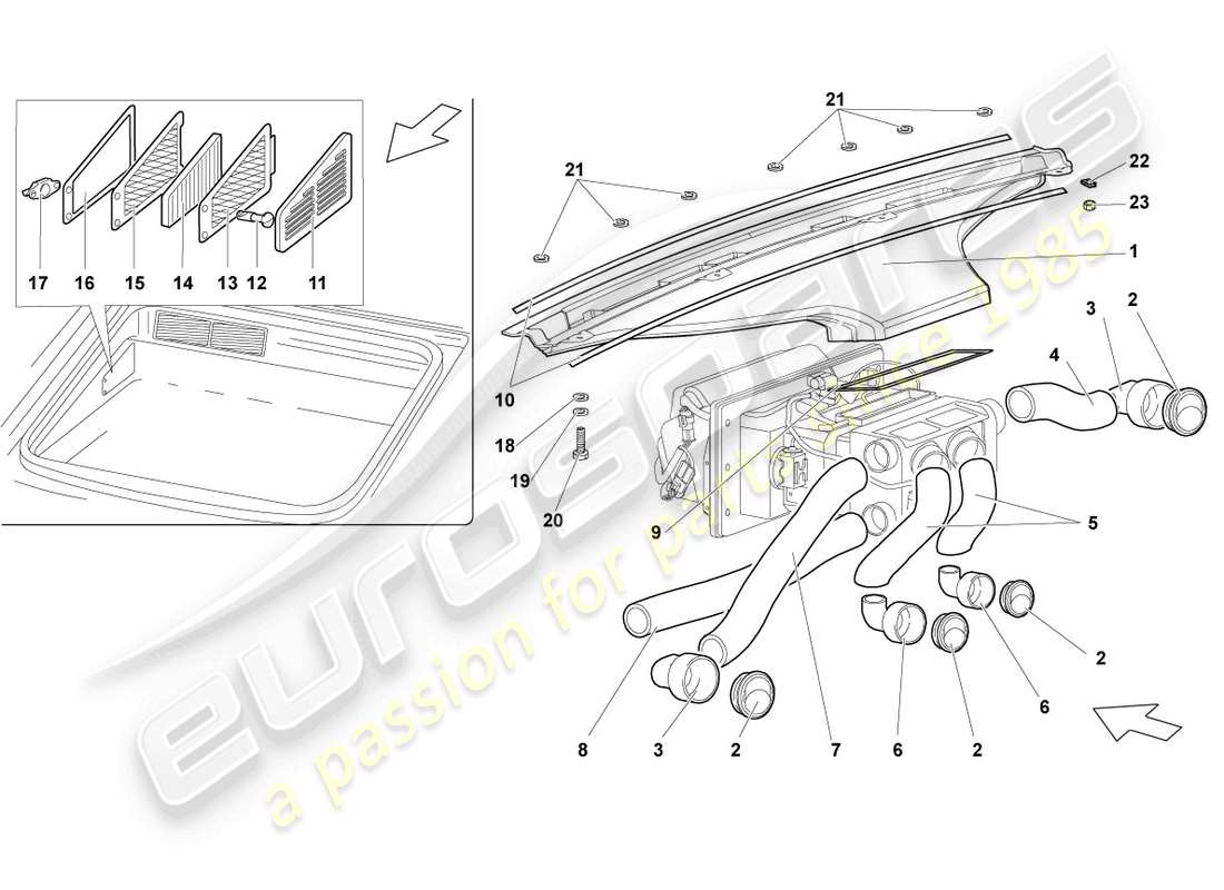 lamborghini murcielago coupe (2005) conductos de calentadores de aire y de pies, mangueras y ventilaciones de aire diagrama de piezas