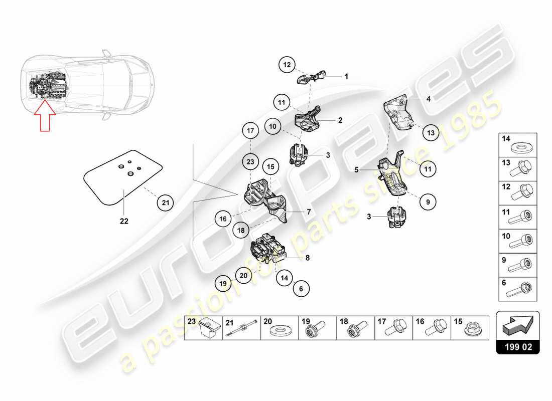 lamborghini performante coupe (2020) fijación de piezas para el motor diagrama de piezas