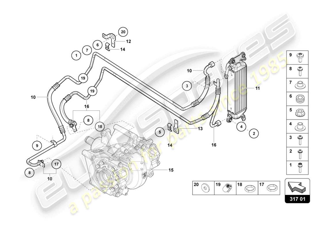 lamborghini 2017 (lp740-4 s coupe) diagrama de pieza del enfriador de aceite trasero