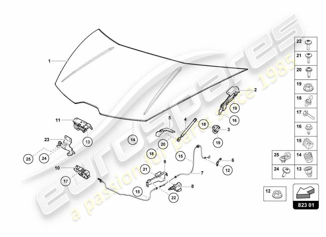lamborghini performante coupe (2020) diagrama de piezas del capó