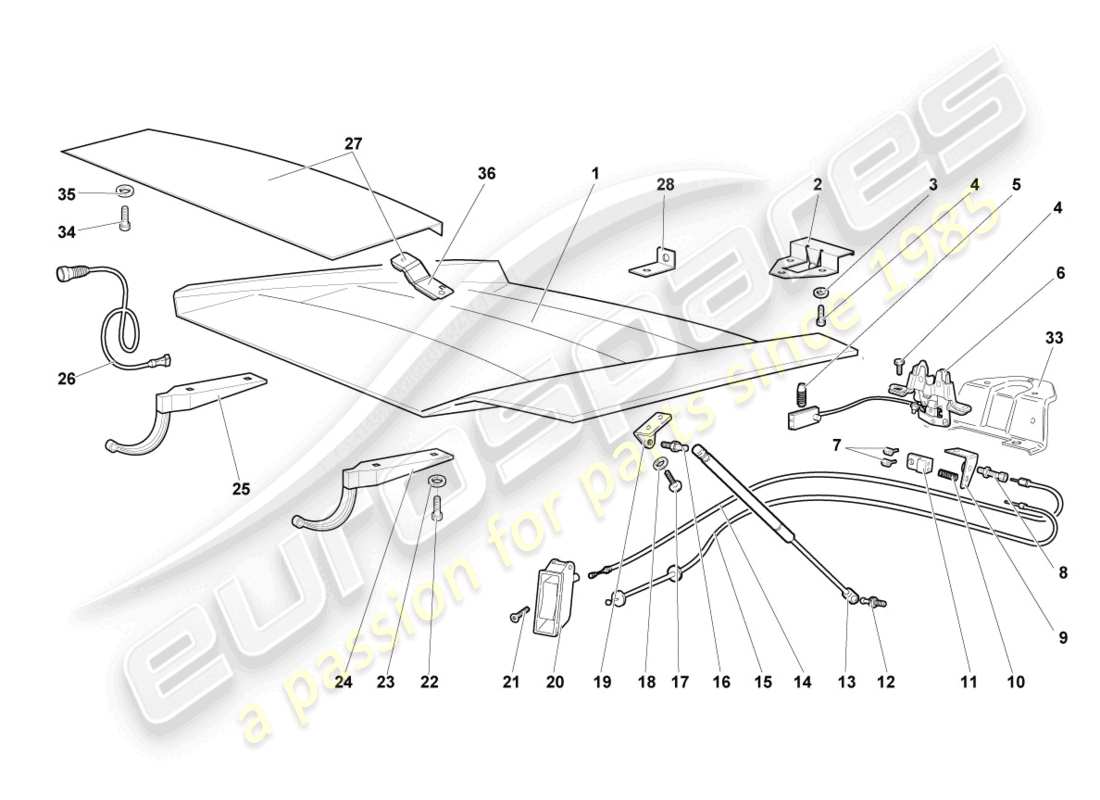 lamborghini murcielago coupe (2005) solapa para cubierta de motor diagrama de piezas