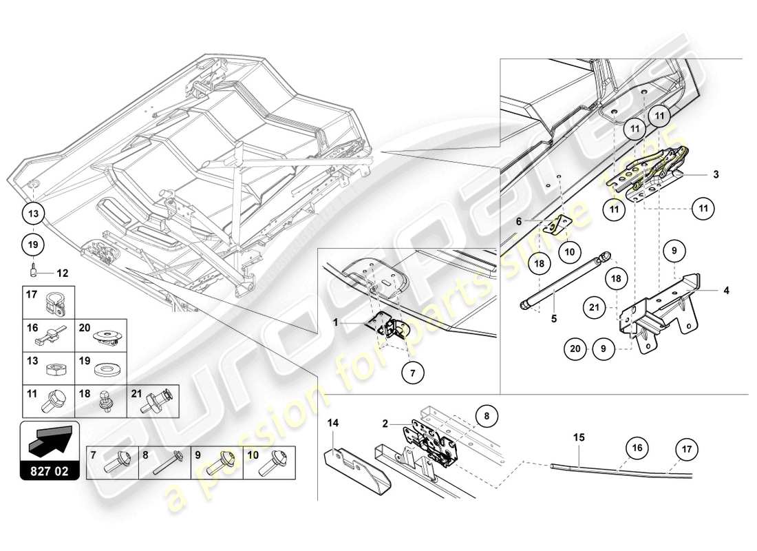 lamborghini 2015 (lp750-4 sv coupe) cubierta del motor con insp. diagrama de piezas de la cubierta