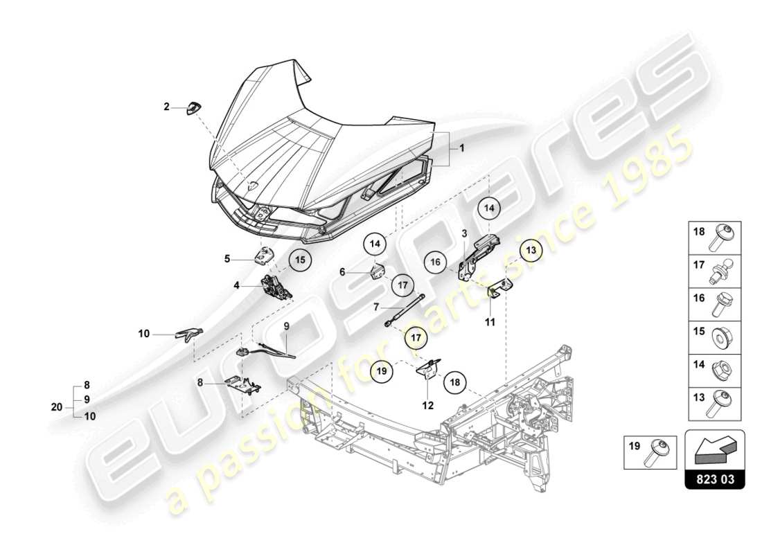 lamborghini sian (2021) capó delantero diagrama de piezas