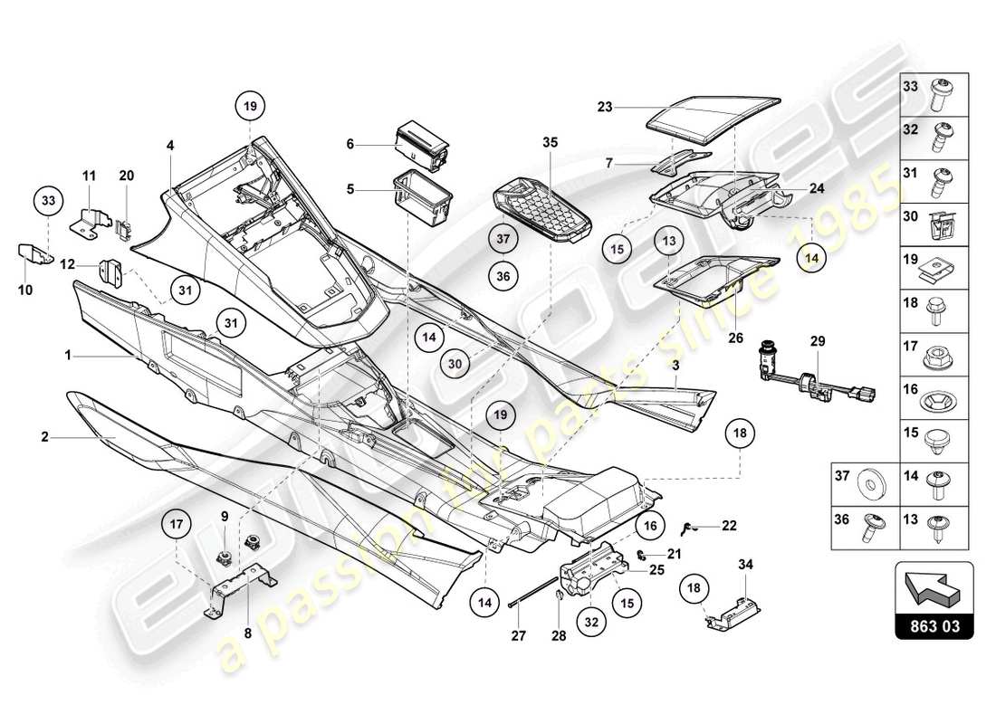 lamborghini 2015 (lp750-4 sv coupe) diagrama de pieza trasero del túnel