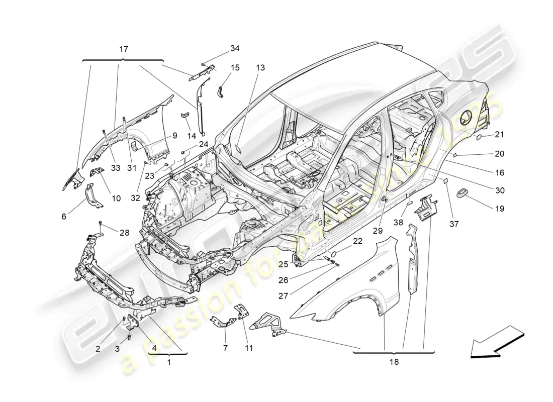 maserati levante modena (2022) carrocería y paneles exteriores delanteros diagrama de piezas