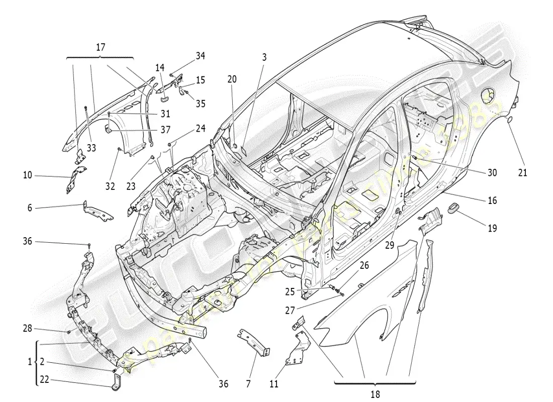 maserati ghibli (2019) carrocería y paneles exteriores delanteros diagrama de piezas