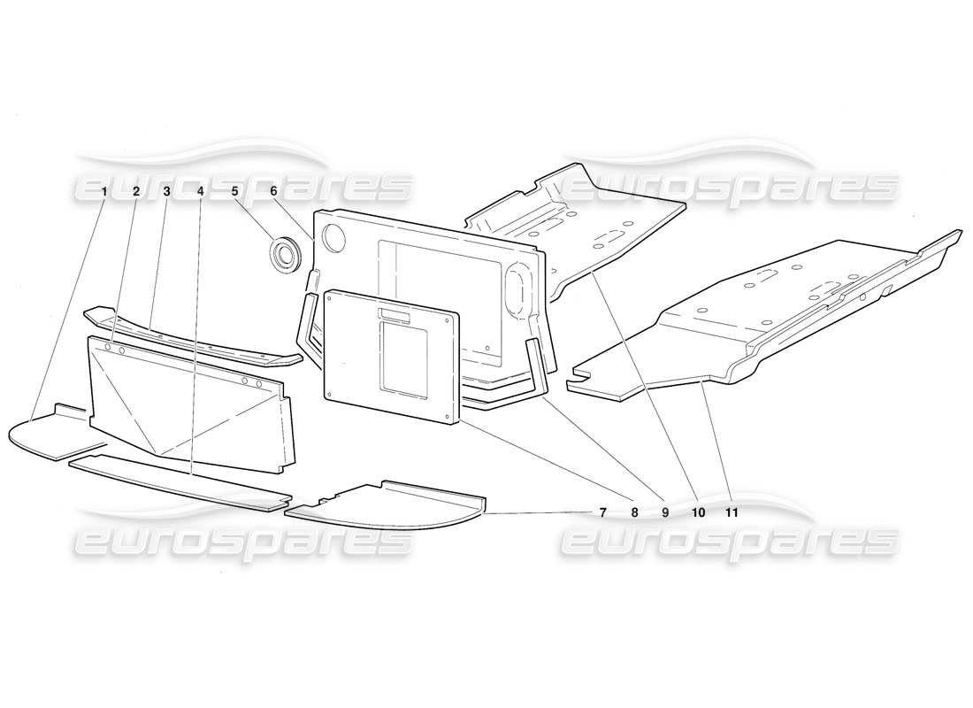 lamborghini diablo (1991) diagrama de piezas de los paneles de piso del marco