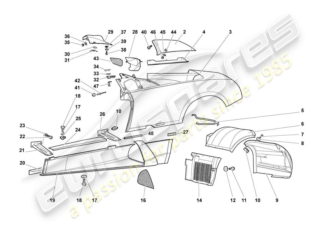 lamborghini murcielago roadster (2005) diagrama de piezas del miembro lateral izquierdo