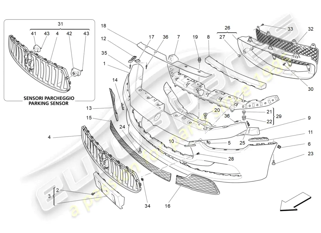 maserati ghibli (2014) parachoques delantero diagrama de piezas