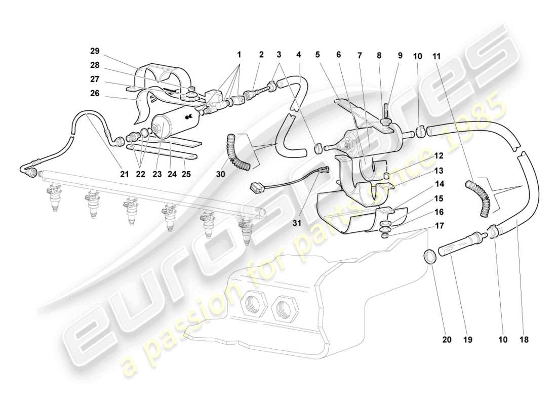 lamborghini murcielago coupe (2003) línea de combustible con tubo de respiradero diagrama de piezas