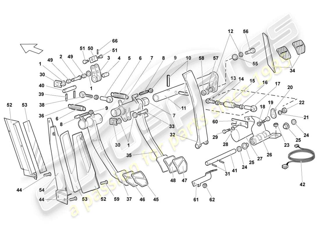 lamborghini murcielago roadster (2005) freno y aceleración. palanca mecanica. diagrama de piezas