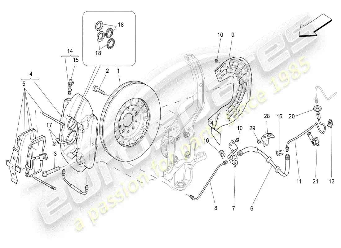 maserati ghibli (2019) dispositivos de frenado en las ruedas delanteras diagrama de piezas