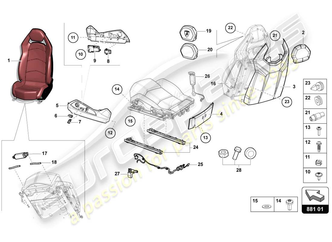 lamborghini 2014 (lp720-4 coupe 50) diagrama de piezas del asiento confort