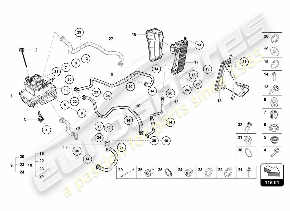 lamborghini 2016 (lp610-4 spyder) sistema hidráulico y depósito de líquido con conector. piezas diagrama de piezas