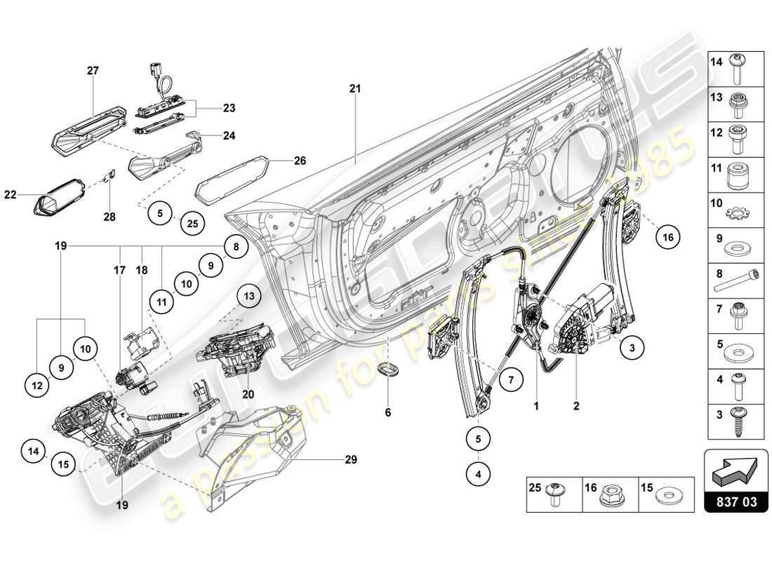 lamborghini 2014 (lp720-4 coupe 50) diagrama de piezas de la puerta del conductor y del pasajero